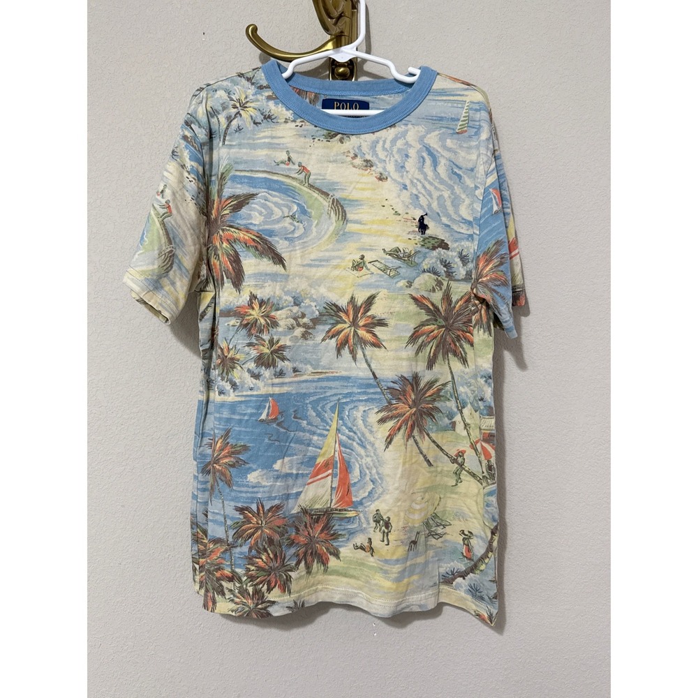 Polo Ralph Lauren T-Shirt Kids Size M 10-12 Blue Tropical‎ Beach Scenic Print